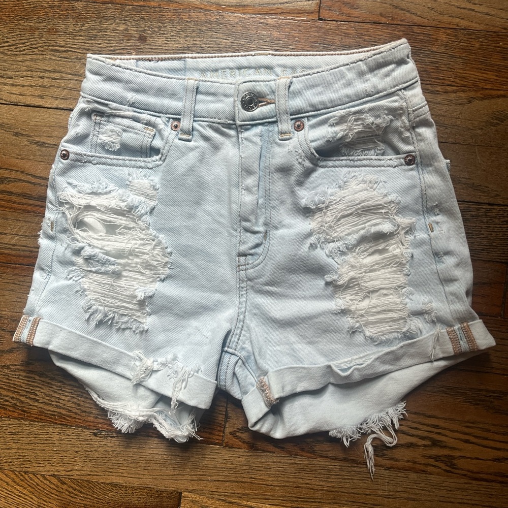 American Eagle Distressed Light Wash High Waisted Mom Shorts